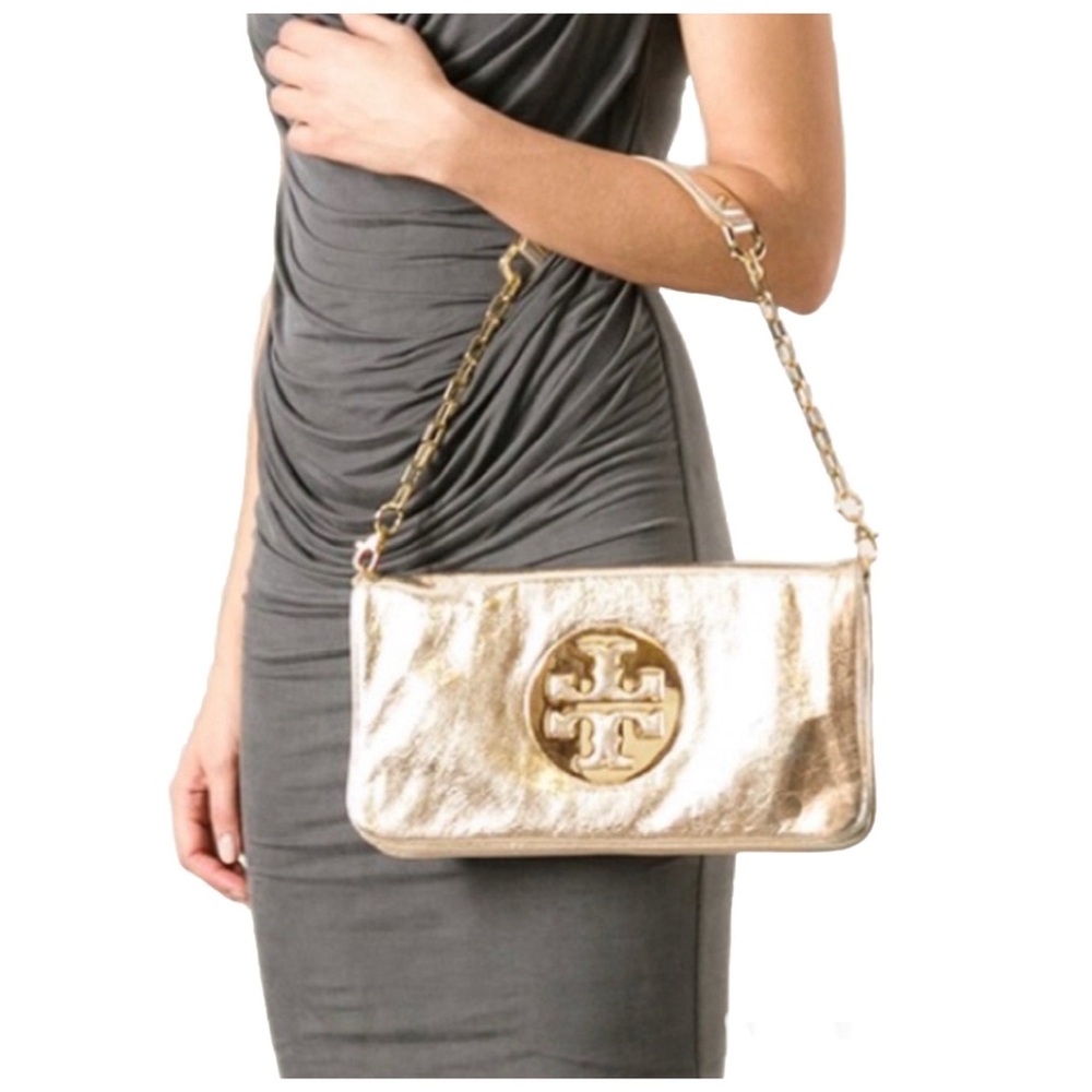 SOLD!!Tory Burch Metallic Gold Leather Reva Chain Shoulder Bag / Clutch w/ COA - Picture 2 of 16